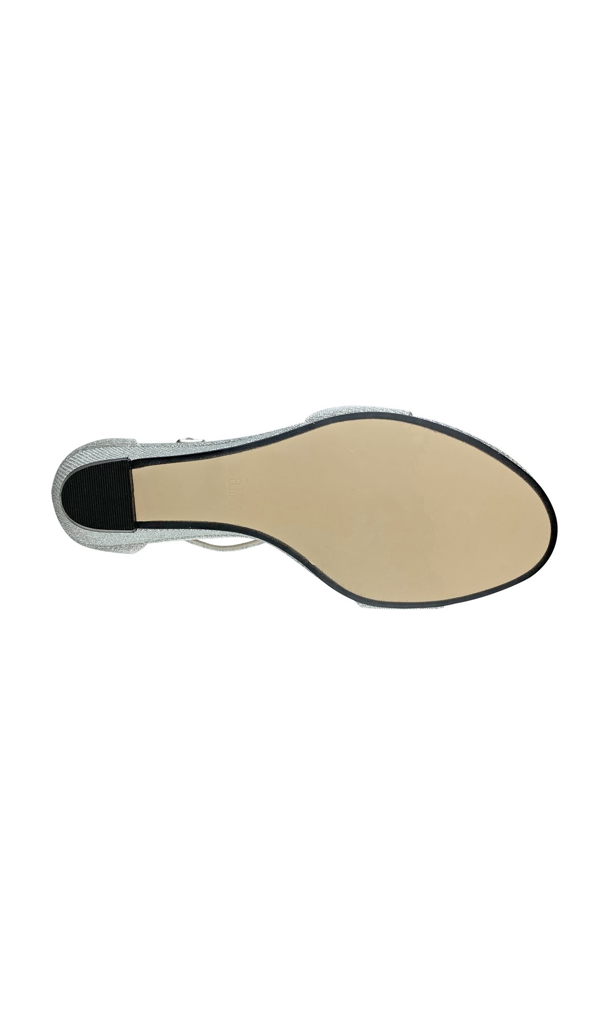 The image shows the bottom view of a single Beatrix Silver Short Wedge Rhinestone Prom Shoe 4537, featuring a smooth beige sole and a black heel tip.